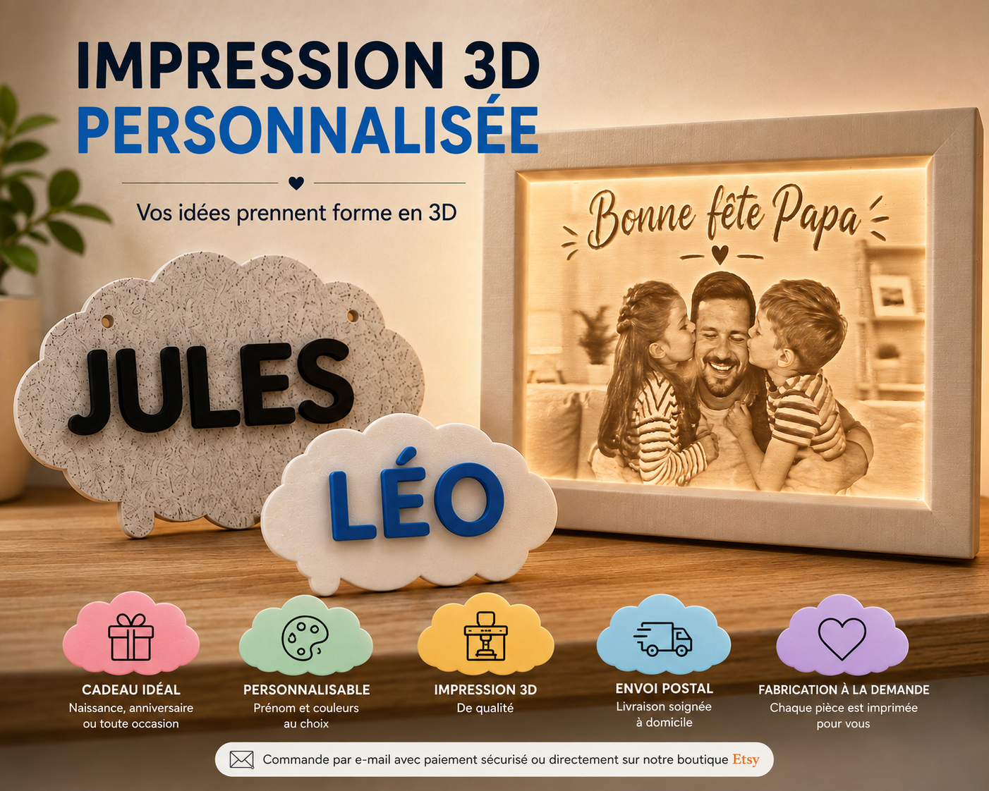 Nuages prénom personnalisés imprimés en 3D